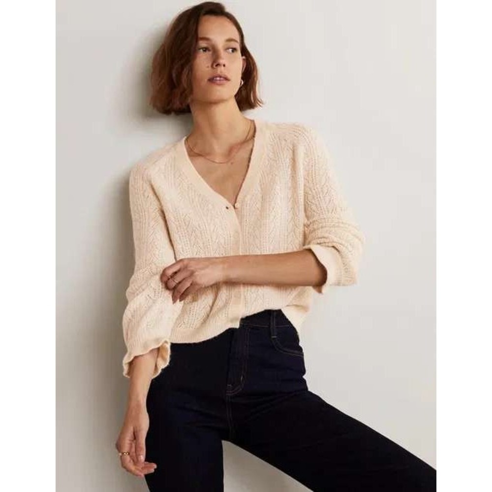 BODEN Fluffy Pointelle Wool/Mohair Blend Cardigan Sweater V Neck Button Up Sz 14